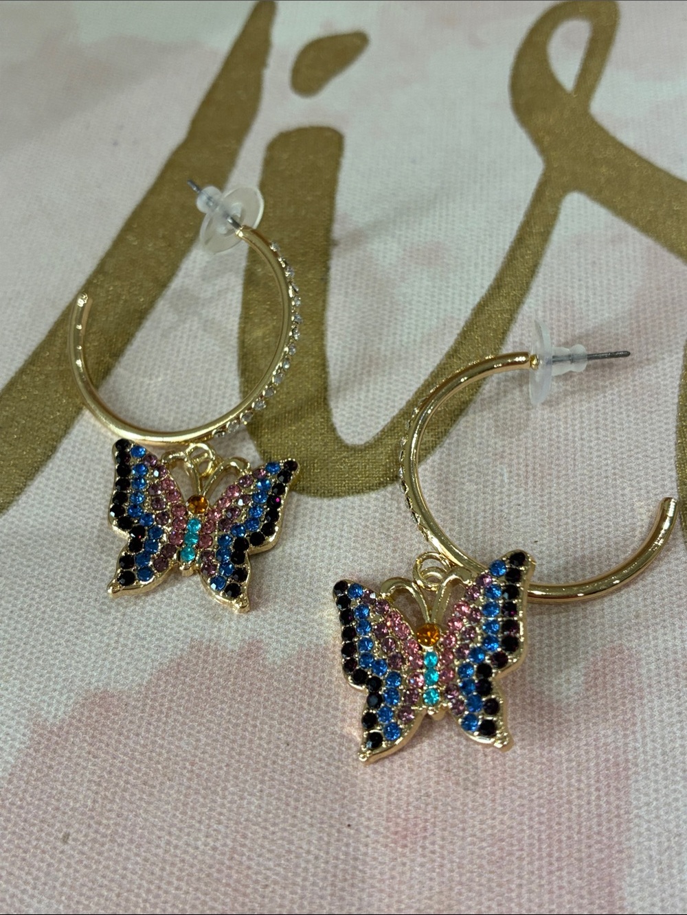 Gold Hoop Earrings with Multicolor Crystal Butterfly Charms